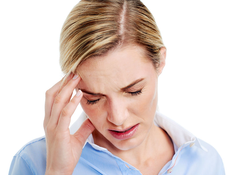 Young businesswoman has splitting headache pain migraine